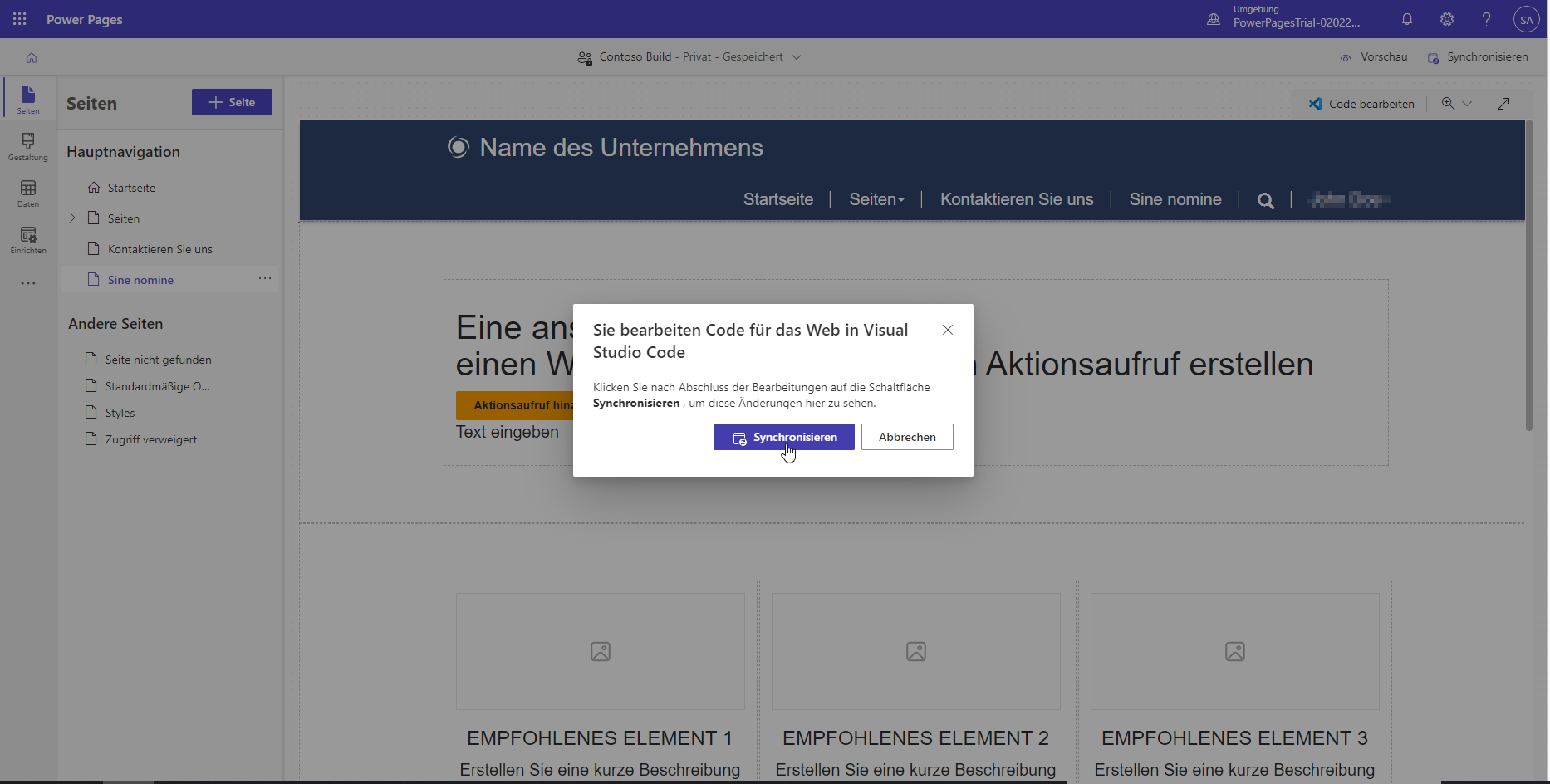 Screenshot einer Dialogfeldaufforderung zum Synchronisieren des Seiteninhalts zwischen Visual Studio Code für den Web-Editor und dem Entwurfsstudio-Canvas.