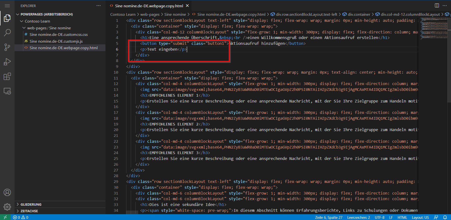 Screenshot des Seiteninhalts, der im Visual Studio Code Web-Editor mit hervorgehobenem Textabsatz geöffnet wurde.