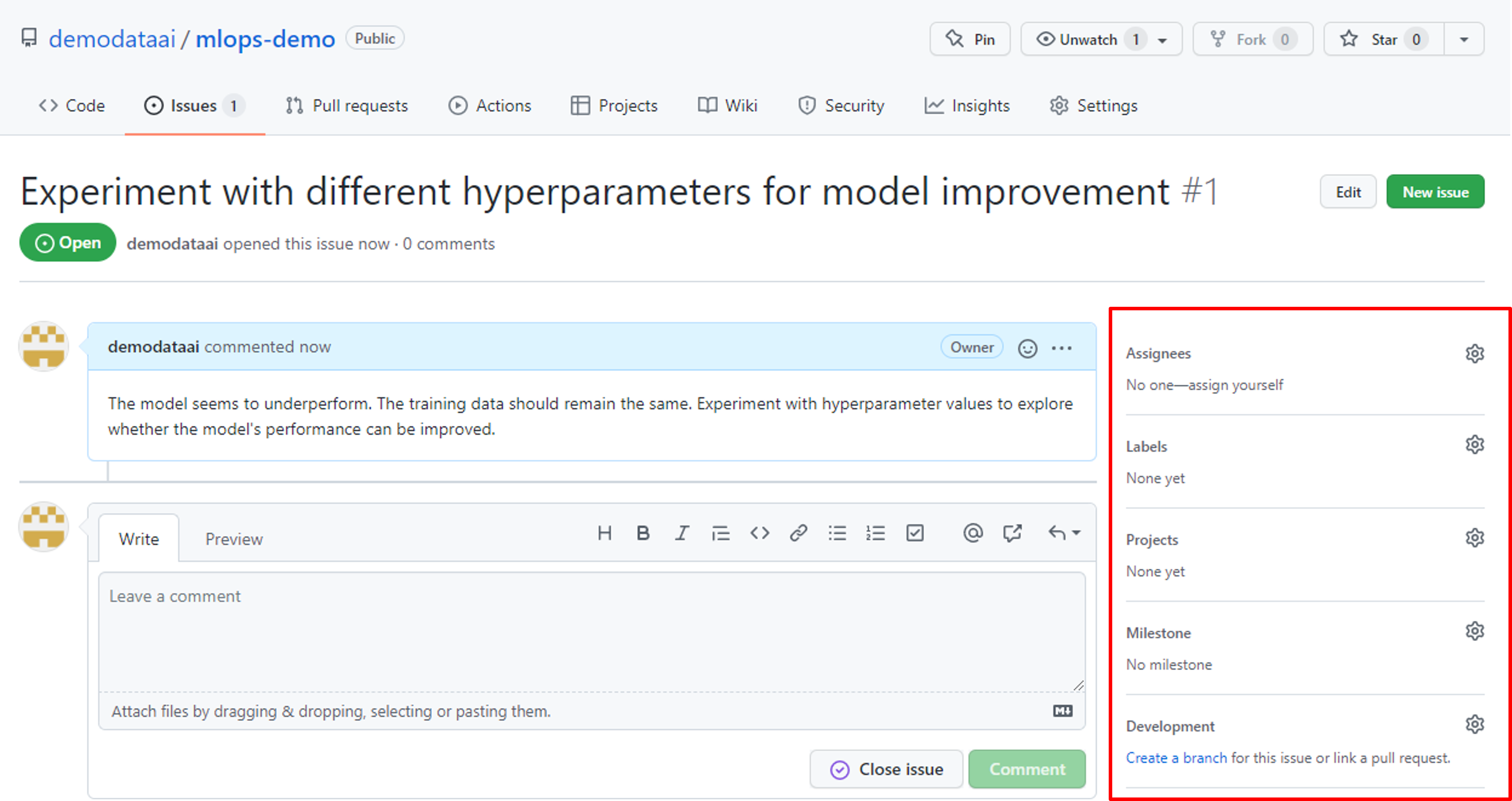 Screenshot eines GitHub-Issue-Beispiels mit hervorgehobenem Aufgabenbereich.