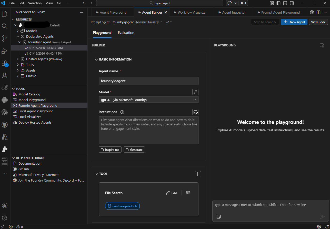 Screenshot der Erweiterungsoberfläche von Microsoft Foundry VS Code mit den Abschnitten 