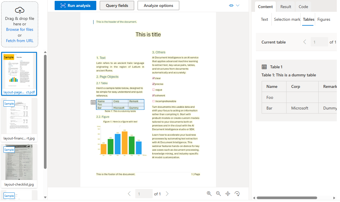 Screenshot des Layoutmodells, das Tabellen und Struktur aus einem Beispieldokument im Document Intelligence Studio extrahiert.