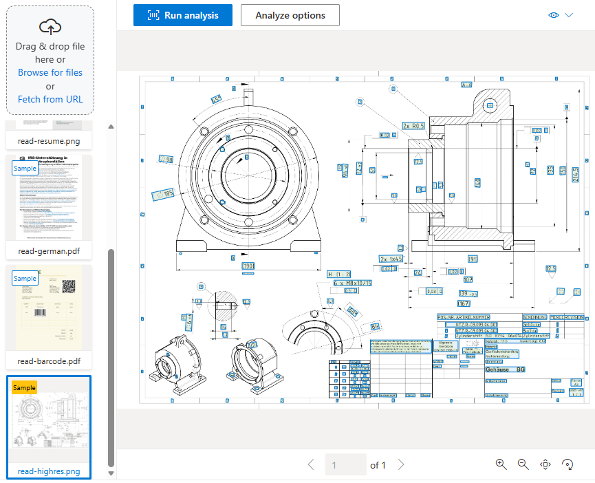 Screenshot des Lesemodells, das ein Beispieldokument im Document Intelligence Studio analysiert.