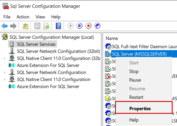 Screenshot des Kontextmenüs des SQL Server-Diensts mit hervorgehobener Option 