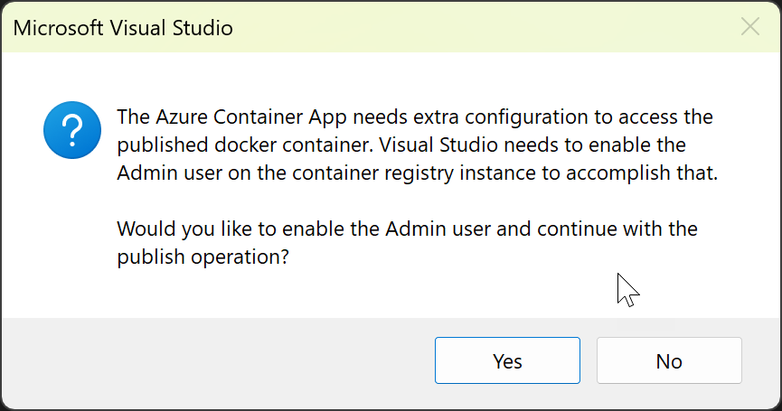 Screenshot mit der Aufforderung nach Berechtigungen zum Hinzufügen des Administratorbenutzers zur Containerinstanz.