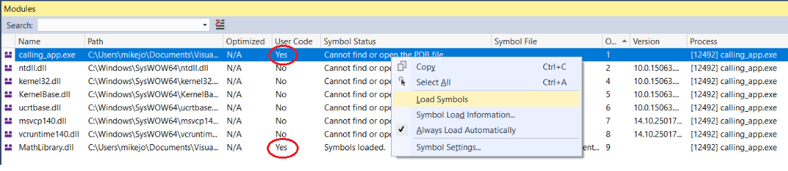 Screenshot, der zeigt, wie Symbolinformationen im Modulfenster angezeigt werden.