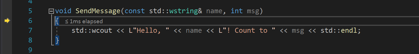 Screenshot, der den Debugger zeigt, der in die SendMessage-Methode und den gelben Zeiger eingeschritten ist, der die Position der Pause angibt.