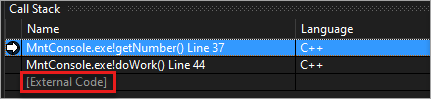 Screenshot: Externer Code im Fenster „Aufrufliste“.