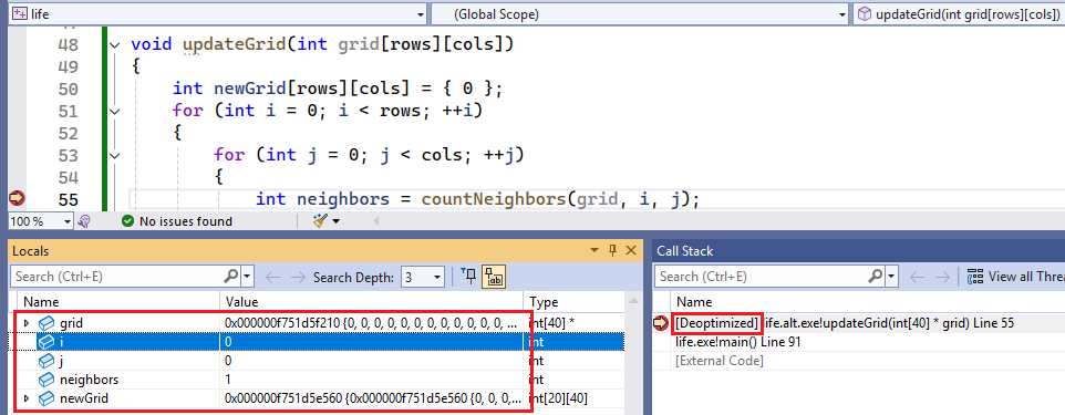 Ein Screenshot, der das Debuggen der UpdateGrid-Funktion zeigt.