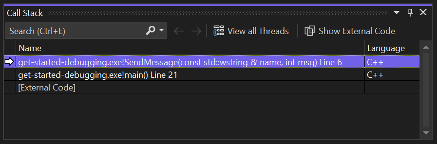 Screenshot, der zeigt, wie der Aufrufstapel in Visual Studio 2022 untersucht wird.