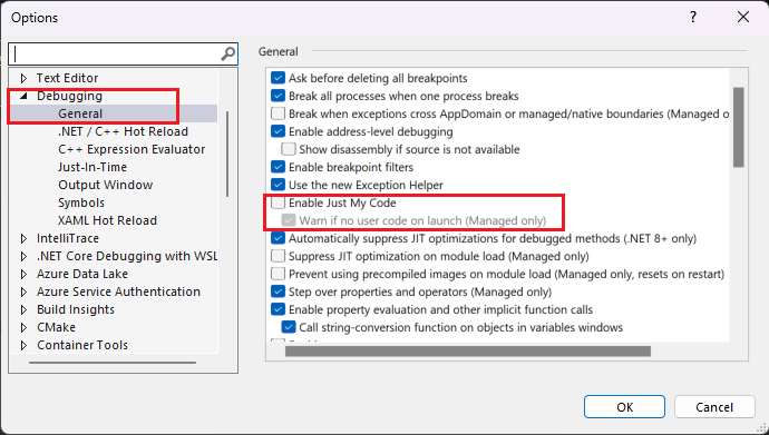 Screenshot der Visual Studio-Debugeinstellungen.
