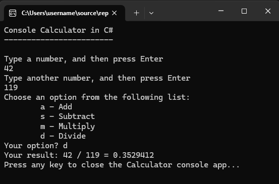 Screenshot eines Konsolenfensters mit der Rechner-App, die nun als Ergebnis eine Dezimalzahl zurückgibt.