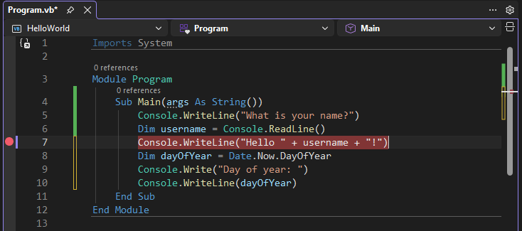 Screenshot mit einem Haltepunkt in einer Codezeile in Visual Studio.