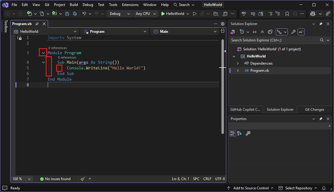 Screenshot Visual Studio-IDE mit roten Feldern.