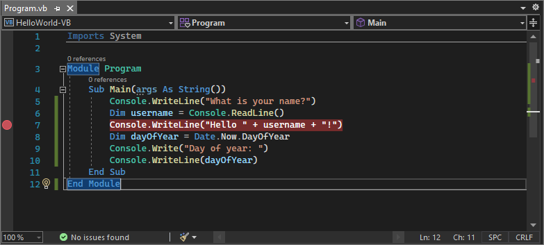 Screenshot mit einem Haltepunkt in einer Codezeile in Visual Studio 2022.