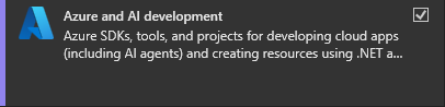 Screenshot der im Visual Studio Installer ausgewählten Azure- und KI-Entwicklungsworkload.