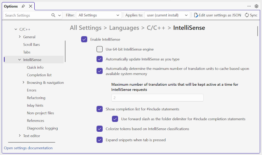 Screenshot der IntelliSense-Optionen für C++ im Dialogfeld 