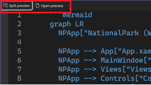 Screenshot der Markdown-Vorschausteuerelemente in der Symbolleiste des Visual Studio-Editors mit Optionen für den Modus 