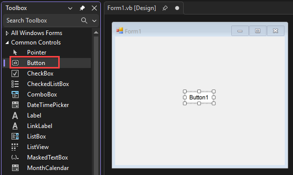 Screenshot zeigt das Schaltflächen-Steuerelement, das dem Formular hinzugefügt wurde.