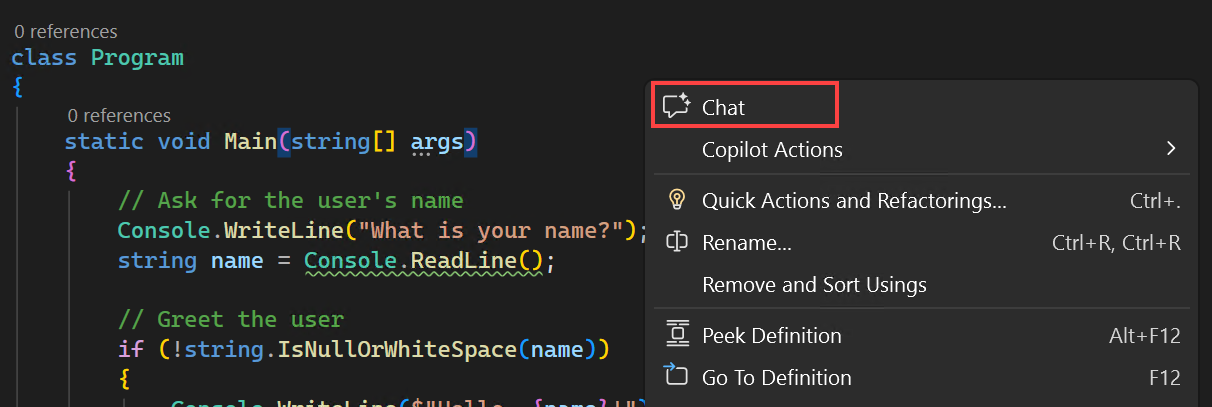Screenshot zum Aktivieren von Inlinechats im Editor aus dem Kontextmenü.