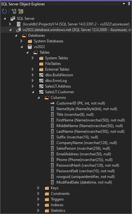 Screenshot des SQL Server-Objekt-Explorer-Fensters.