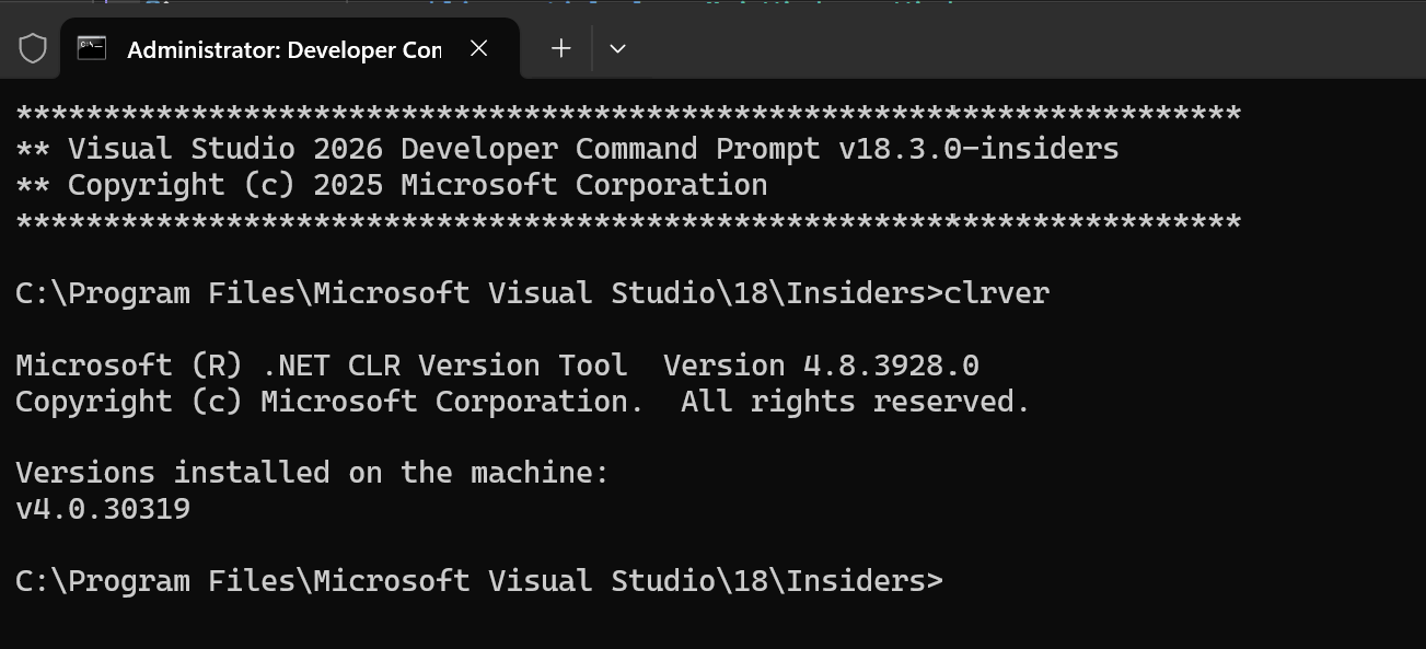 Screenshot der Entwickler-Eingabeaufforderung für Visual Studio.