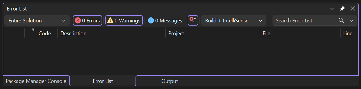 Screenshot der Fehlerliste in Visual Studio.