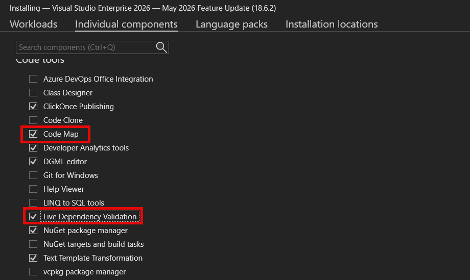 Screenshot, der die Komponenten Code Map und Live-Abhängigkeitsüberprüfung im Visual Studio Installer zeigt.
