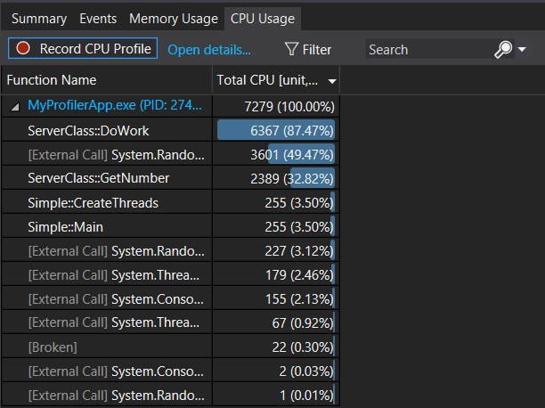Screenshot der Funktionsliste zur CPU-Auslastung in den Diagnosetools