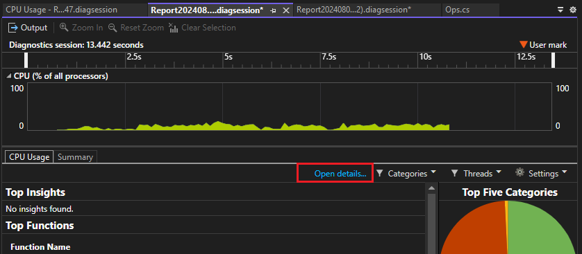Screenshot des Öffnens von Details im CPU-Auslastungswerkzeug.