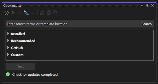 Screenshot mit dem Hauptfenster des Cookiecutter-Explorers in Visual Studio.