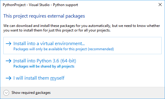 Screenshot des Dialogfelds zum Installieren von Paketen für eine Projektvorlage in Visual Studio.