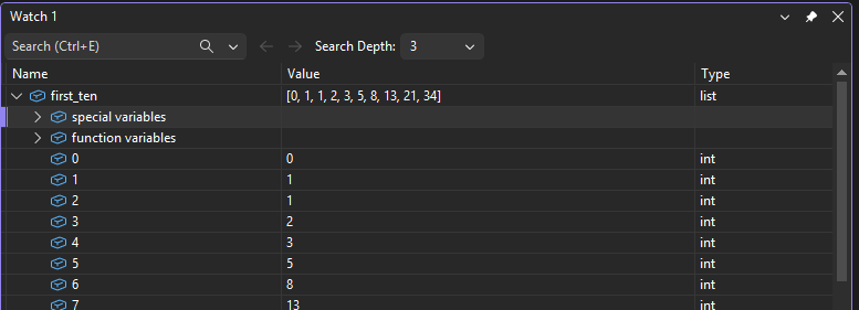Screenshot, der das Überwachungsfenster im Visual Studio-Debugger zeigt.