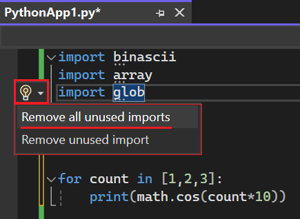 Screenshot, der zeigt, wie Sie auf Optionen zugreifen, um nicht verwendete Importe in Visual Studio 2022 zu entfernen.
