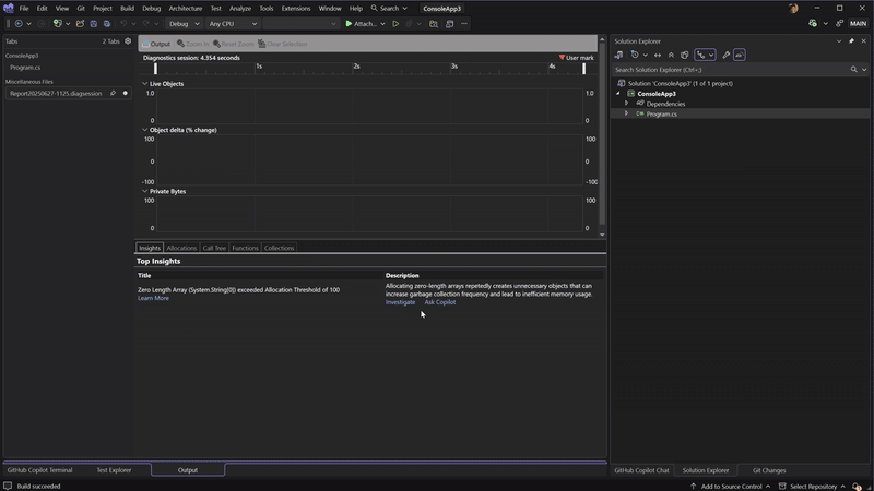 Video-Demonstration in Verbindung mit dem .NET-Zuordnungstool, das Einblicke in Arrays mit Null-Länge bietet, und Copilot stellt detaillierte Analyse- und Optimierungsvorschläge bereit