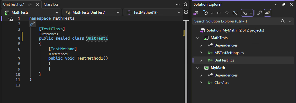 Screenshot, der den neuen Code und Testprojekte zeigt.