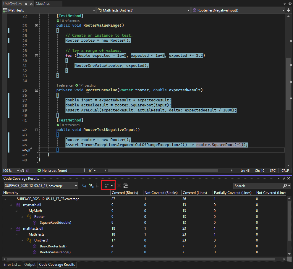 Screenshot mit hervorgehobener Codeabdeckung.