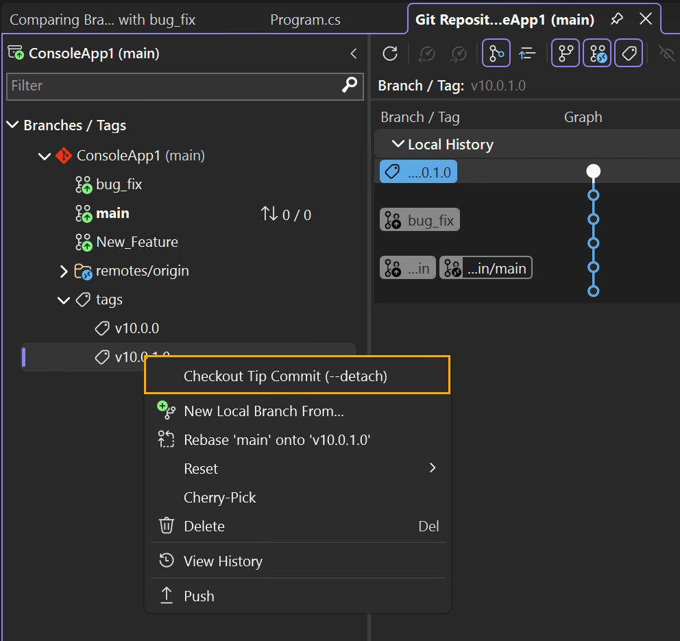 Screenshot der Option „Tip Commit auschecken“