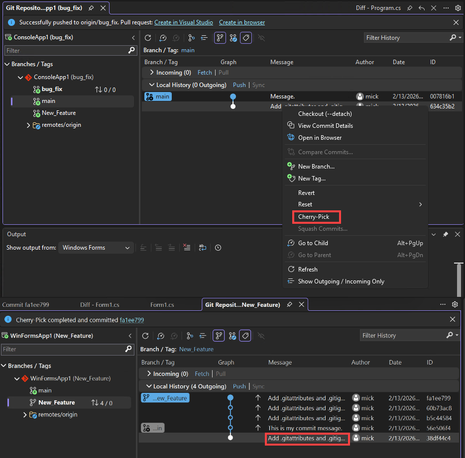 Screenshot der Kirschauswahl in Visual Studio.