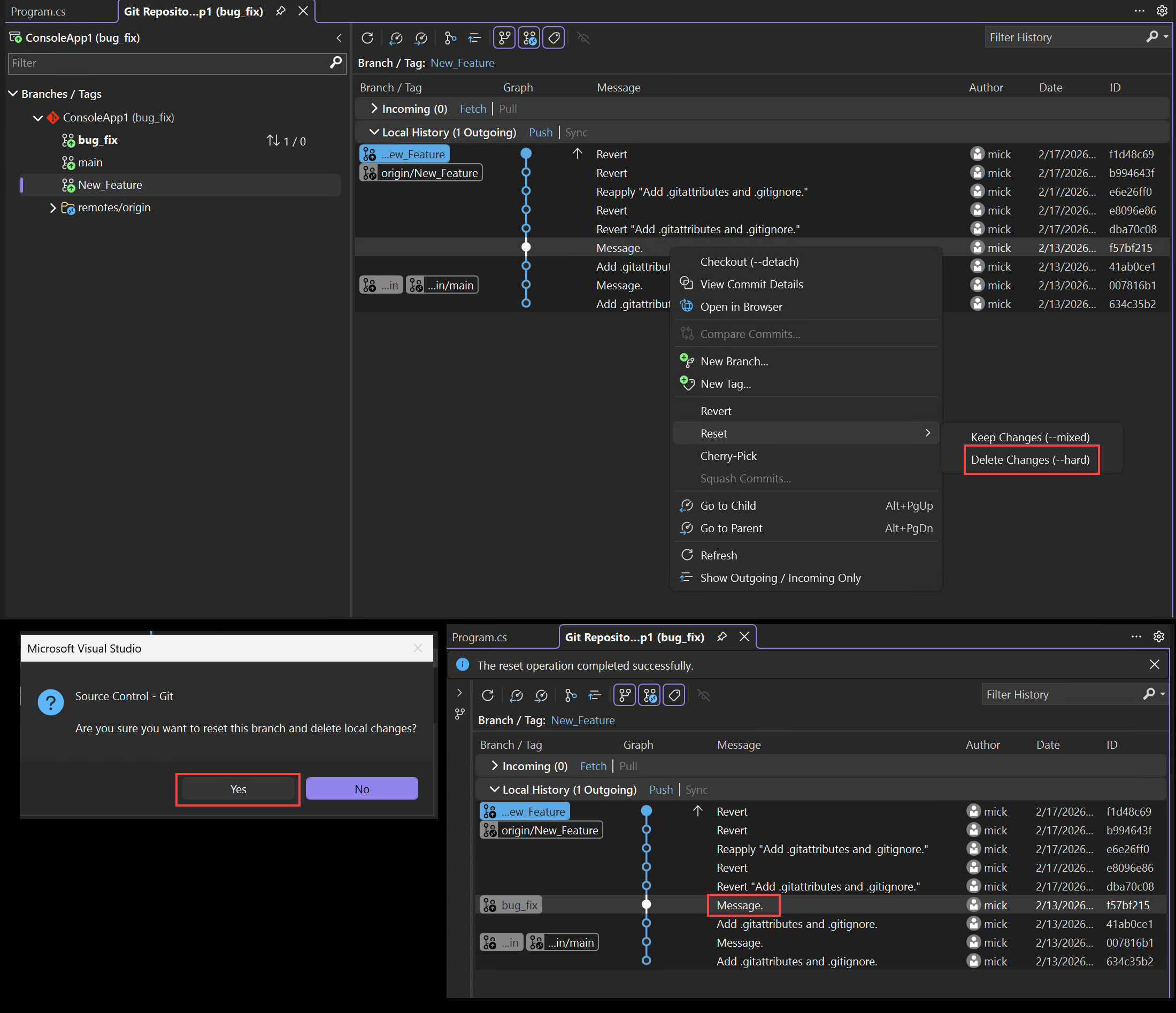 Screenshot: Zurücksetzen eines Branchs in Visual Studio