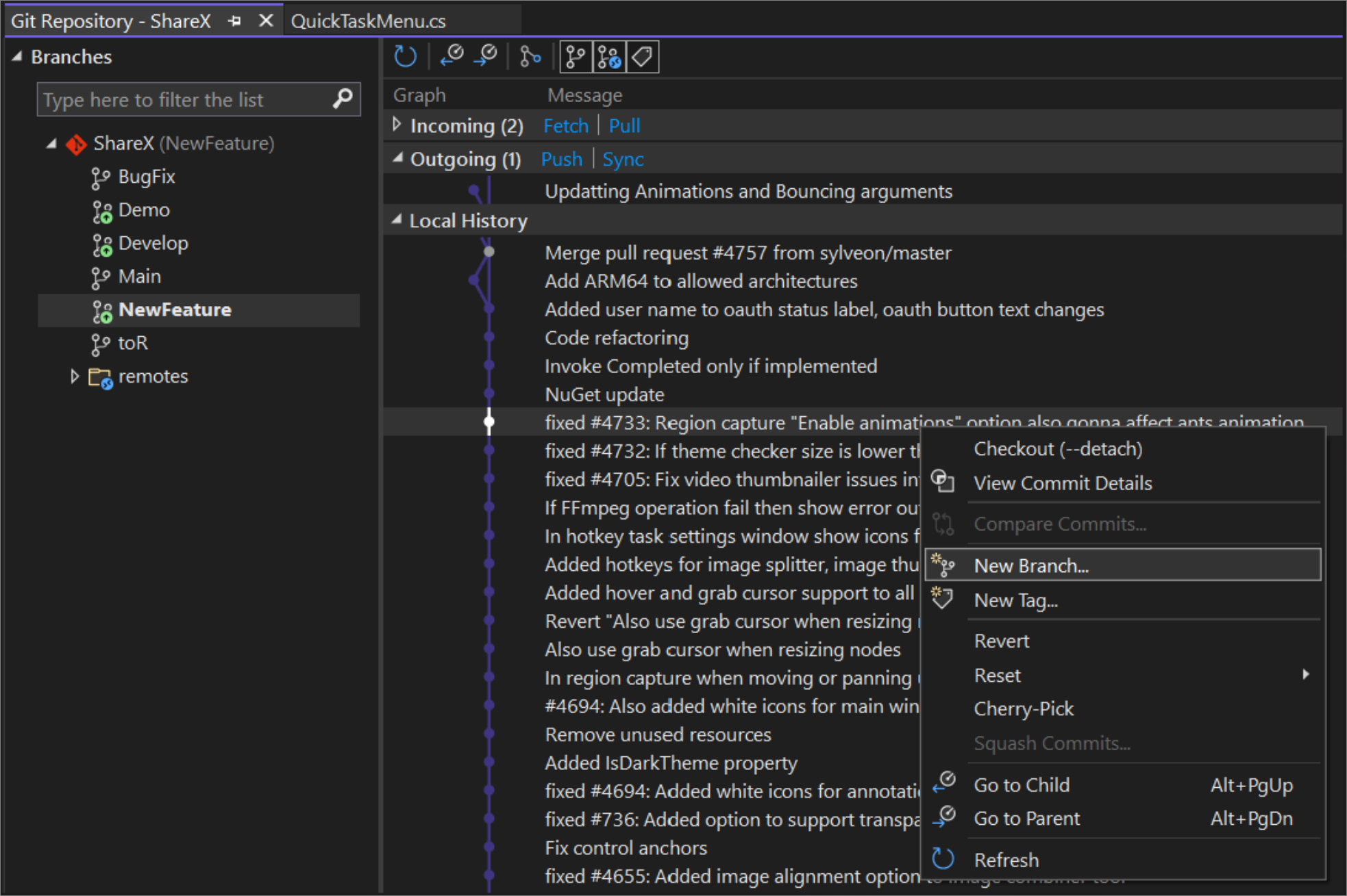 Screenshot des Git Graph-Bereichs des Git Repository-Fensters.