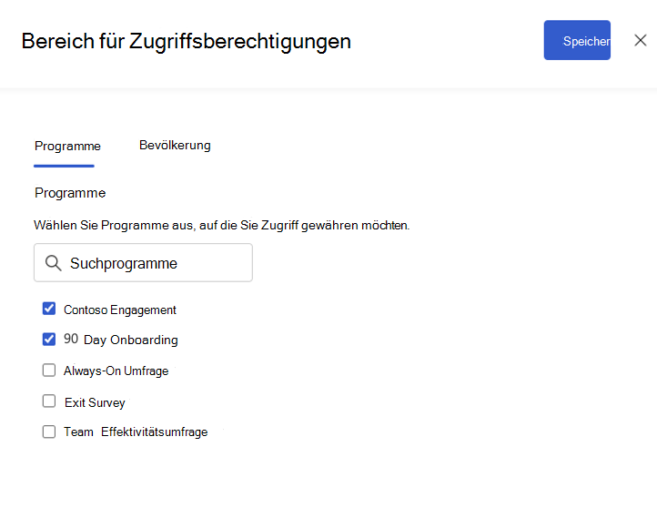 Screenshot von Umfrageprogrammen, die für eine Rolle ausgewählt wurden.