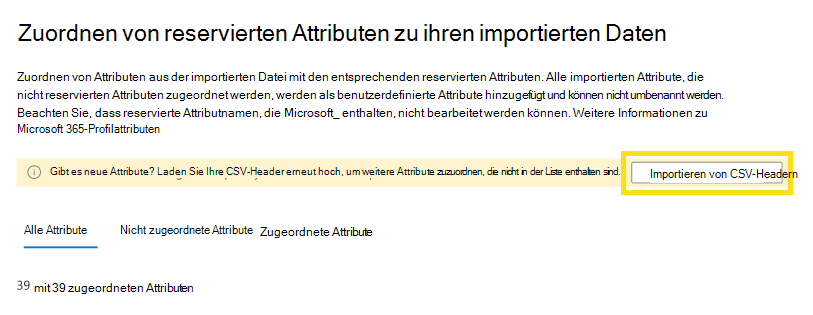 Screenshot, der zeigt, wie CSV-Header importiert werden.
