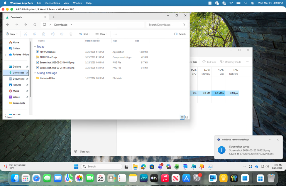 Screenshot der Remotesitzungsbenachrichtigung, die zeigt, dass ein Screenshot gespeichert wurde.