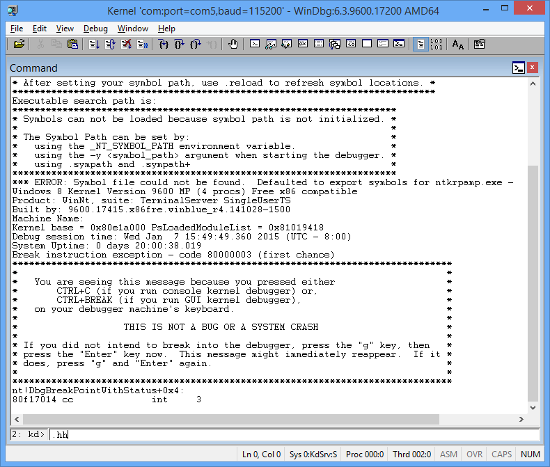 Screenshot des Windows-Debuggers, der die Ausgabe des Befehlsfensters aus einer Live-Kernelverbindung anzeigt.