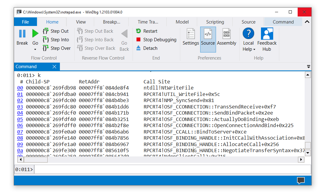 Screenshot einer Stapelüberwachung in WinDbg.