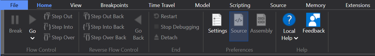 Screenshot von WinDbg mit aktiviertem dunklem Design.