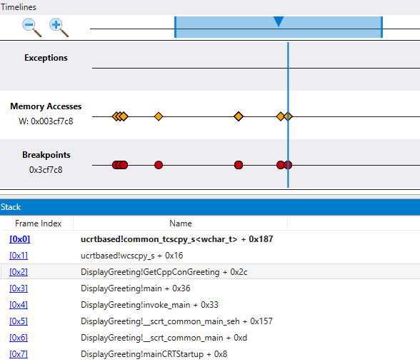 Screenshot einer Zeitachse im Debugger mit Speicherzugriffszeitachsen und Stapelfenstern.