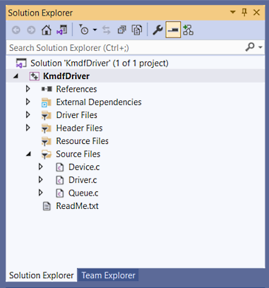Screenshot des Solution-Explorers mit den Dateien im Treiberprojekt.