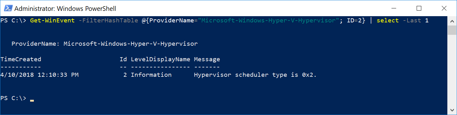 Screenshot eines PowerShell-Fensters. Ein Befehl fragt das neueste Hypervisor-Startereignis mit ID 2 ab. Die Ausgabe zeigt den Schedulertyp als 0x2 an.