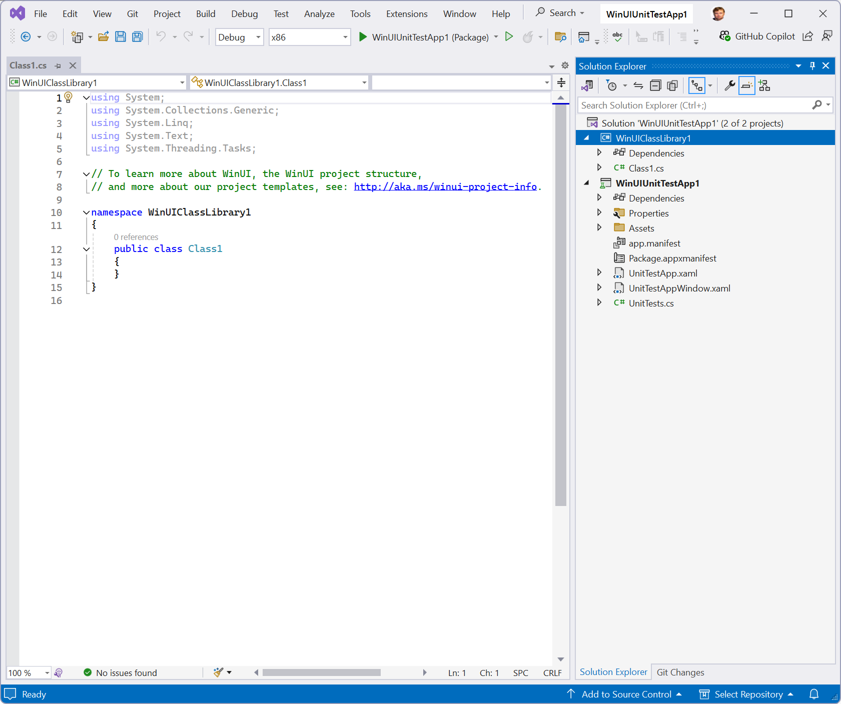 Screenshot des neuen Projekts „WinUI Klassenbibliothek“, das im Projektmappen-Explorer hervorgehoben ist, und der Datei Class1.cs, die im Code-Editor geöffnet ist.